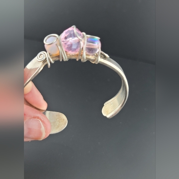 Handmade silver bracelet made from spoon with pink stones - Picture 2 of 6